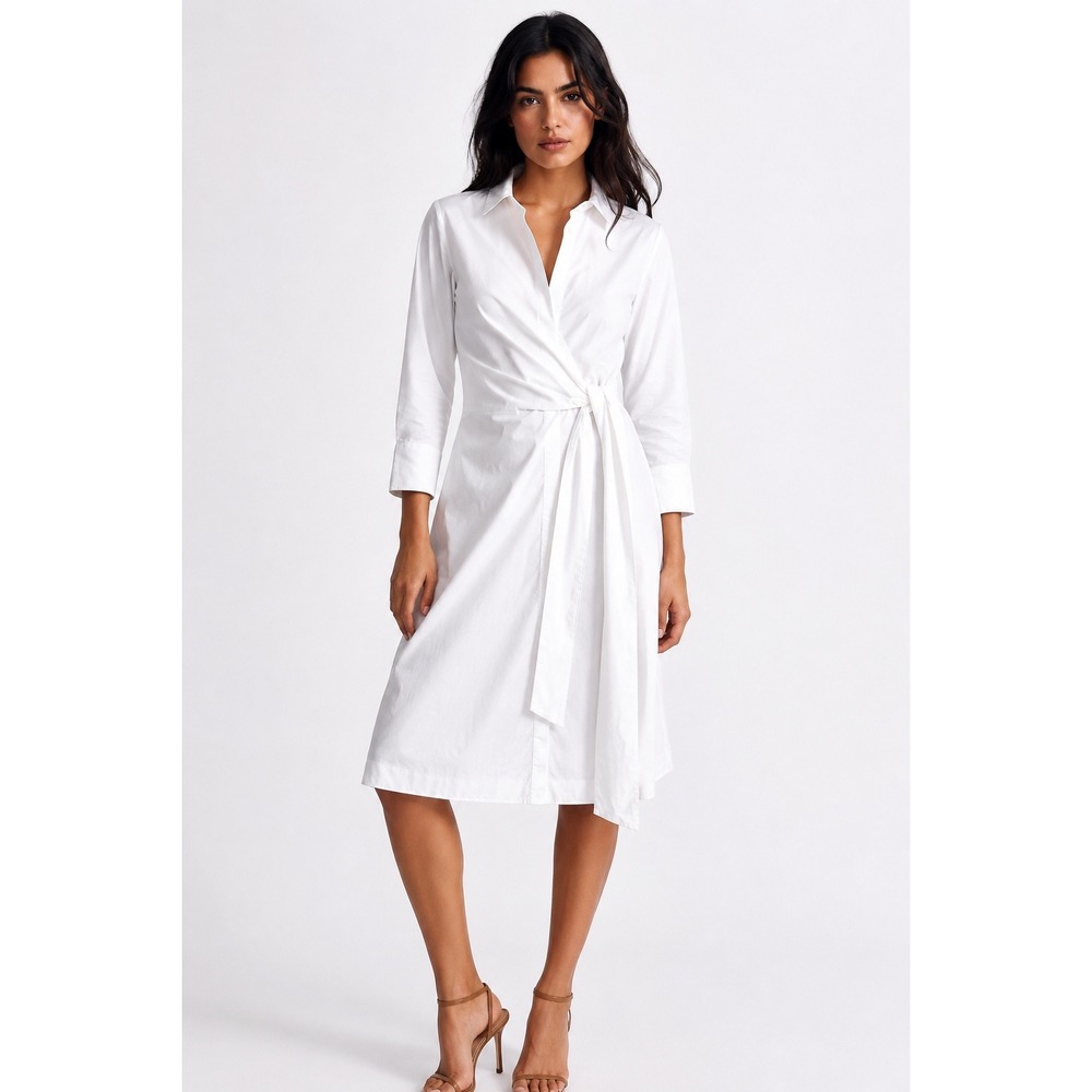 Zara Woman Studio White‎ Cotton Poplin Wrap Tie Waist Midi Shirtdress XS